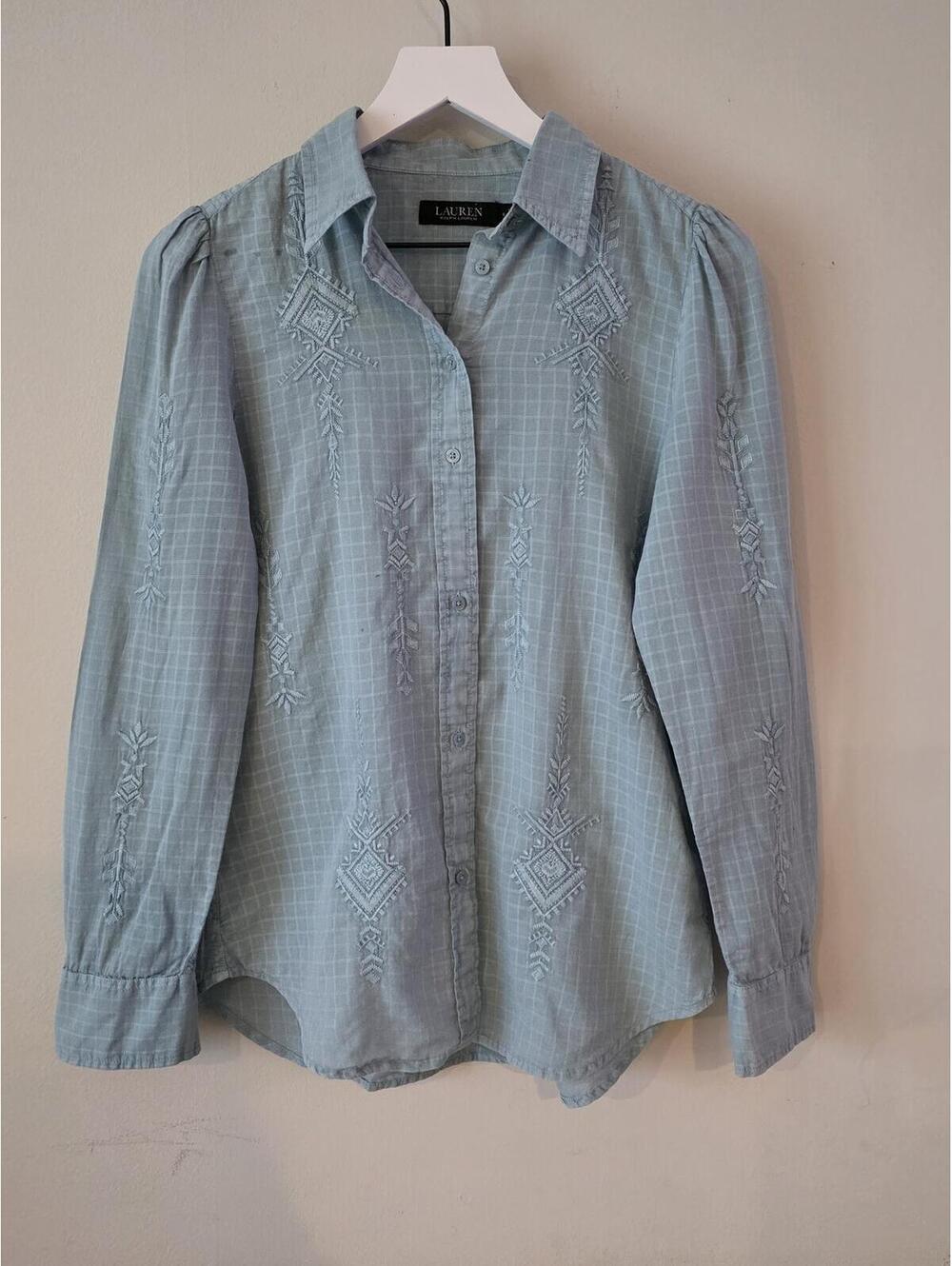 Lauren Ralph Lauren Blue Chambray Embroidered Button Down Western Boho Shirt 4